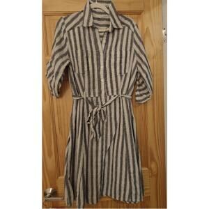 Max Studio Linen Striped Belted Shirt Dress Sz L Classic Preppy Minimalist Chic